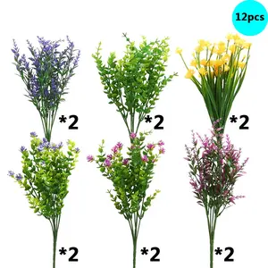 12 Piece Spring Outdoor Artificial Flowers, Decorative Faux Flowers, UV Resistant Plastic Fake Flowers, Hanging Planters, Porch, Windows, Home Decor, Weddings, Fall Summer, Artificial Plant Set