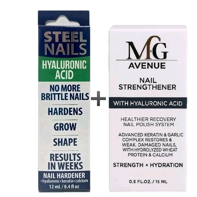 (Duo Pack) Steel Nails & M&G Avenue Nail Hardener Duo 12ml Each Hyaluronic Acid Keratin Calcium Formula for Stronger Healthier Nails Manicure Strengthening Treatment Set Uñas de Acero, Nail Care