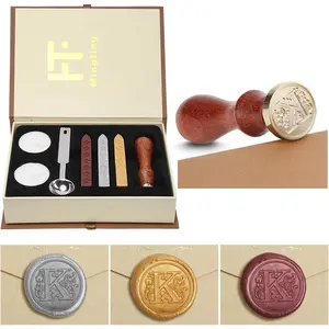 Wax Seal  Kit, Classical Old-Fashioned Antique Wax  Seal Kit Initial Letters Alphabet Set  Box with  Wooden Handle and Brass Color (K)