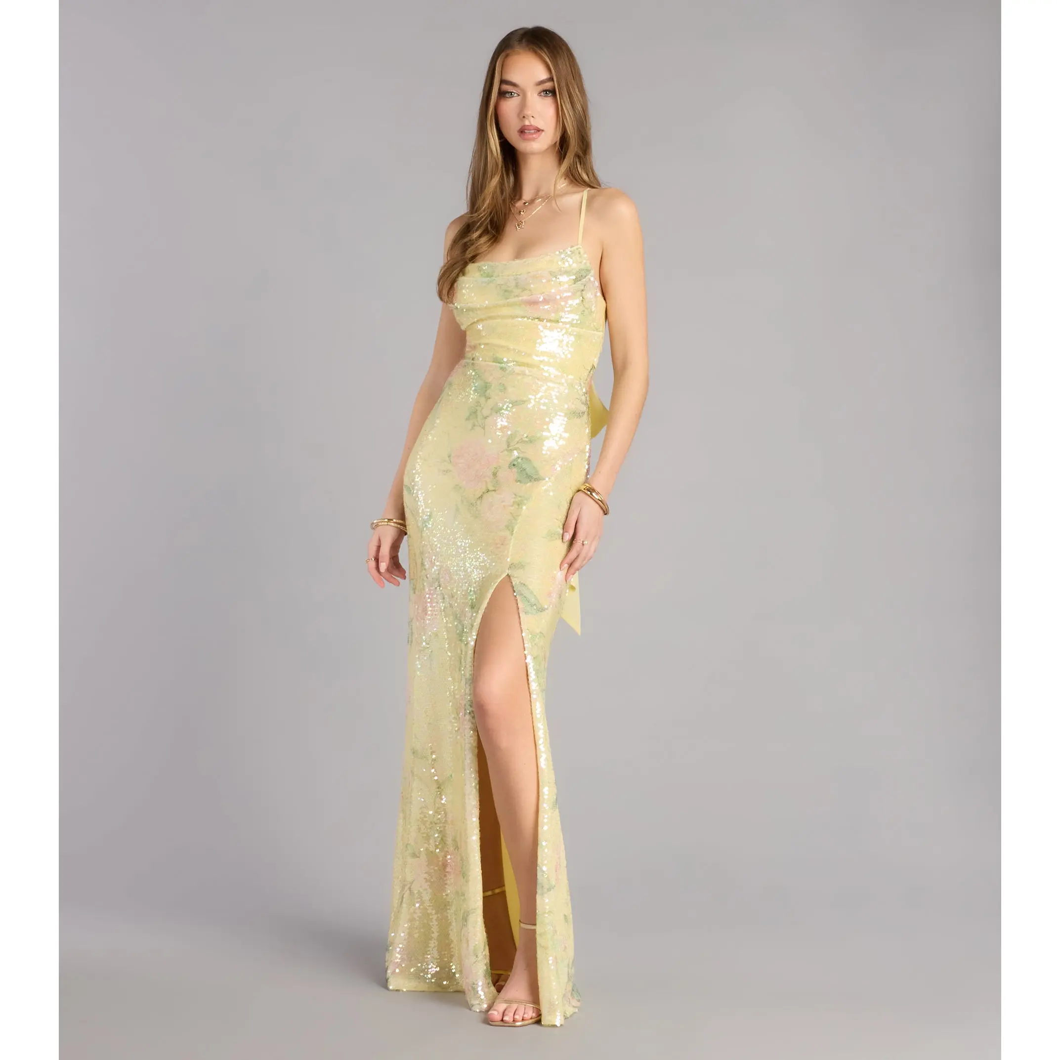 green emerald velvet dress Gold Sequins V Back & Bow Girls Dress 2 / Black main image 1