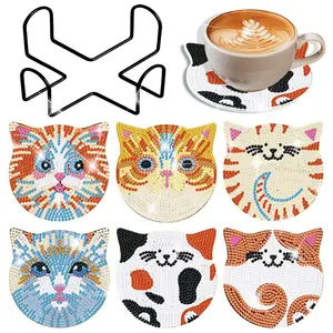 6-piece DIY diamond painting coaster kit, 5D diamond art kit with cat head design, includes storage rack, tool kit, and cork mat. Suitable for adults.