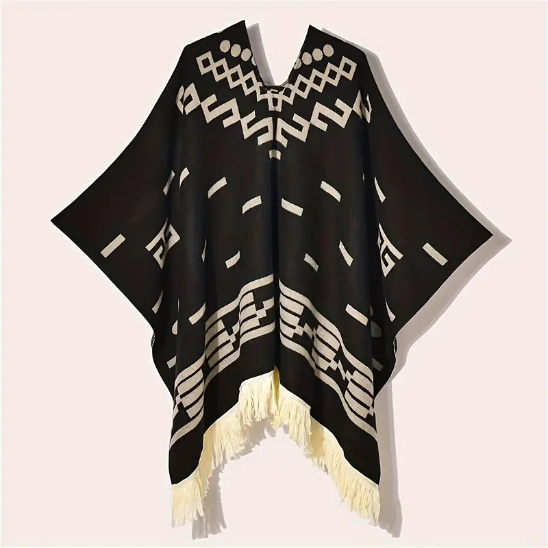 MARRYHAPPY Men'S Vintage-Style Warm Poncho - Geometric Pattern, Tassel Detail, Cozy Acrylic Blend Shawl for Outdoor Adventures, Men'S retro style cape - tasse shawl  outfit casual elegant wrap   with  matching  scarf scarf winter shawl colorful pattern se