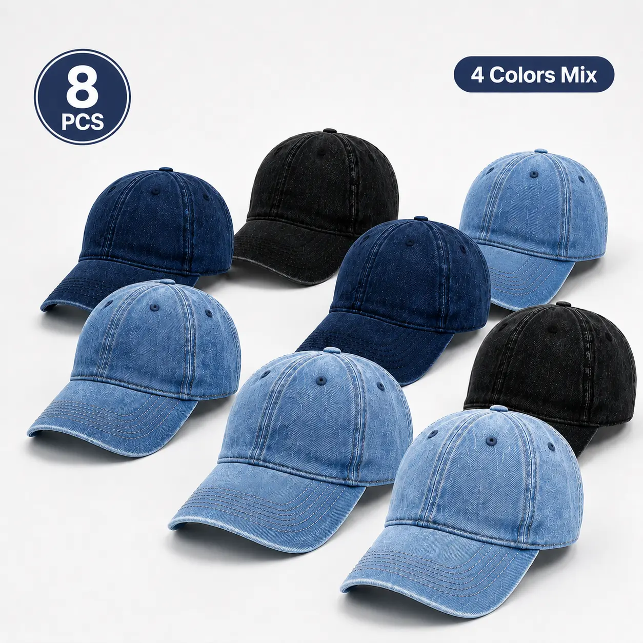 8-Pack Unisex Vintage Washed Denim Dad Hats, Adjustable Curved Brim Baseball Caps for Men Women, Outdoor Travel Everyday Fashion Accessories, cap