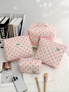 Cherry Pattern Makeup Bag Set, Large Capacity Quilted Makeup Bag & Brush Bag, Lightweight Fluffy Filled Toiletry Bag, Travel Storage Bag, Cosmetic Pouch