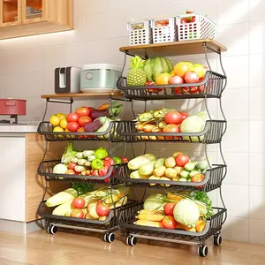 5-Tier Fruit Vegetable Basket, Kitchen with Wooden Table Top, Locker Stroller, Onion and Potato Vegetable Basket, Wire Storage Basket Organizer, Utility Cart with Wheels, Black