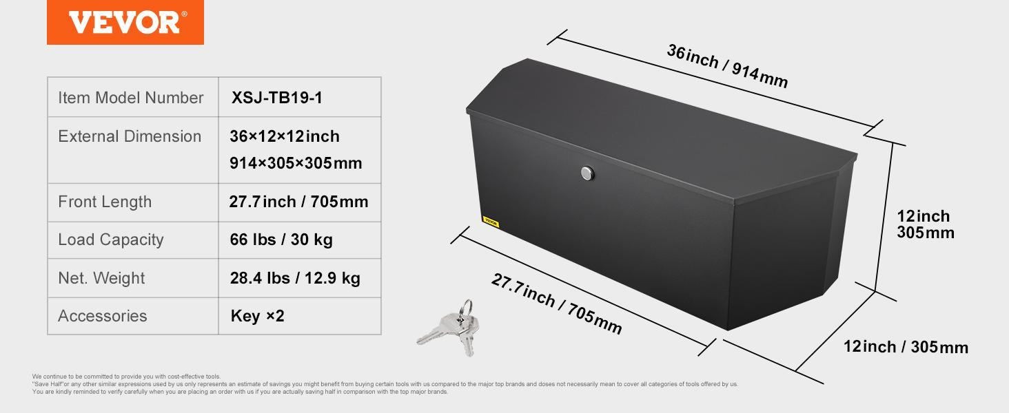 VEVOR Trailer Tongue Box, TikTokShopBlackFriday, Carbon Steel Tongue Box Tool Chest, Heavy Duty Trailer Box Storage with Lock and Keys, Utility Trailer Tongue Tool Box for Pickup Truck Bed, RV Trailer, 36"x12"x12", Box Storage for various vehicles
