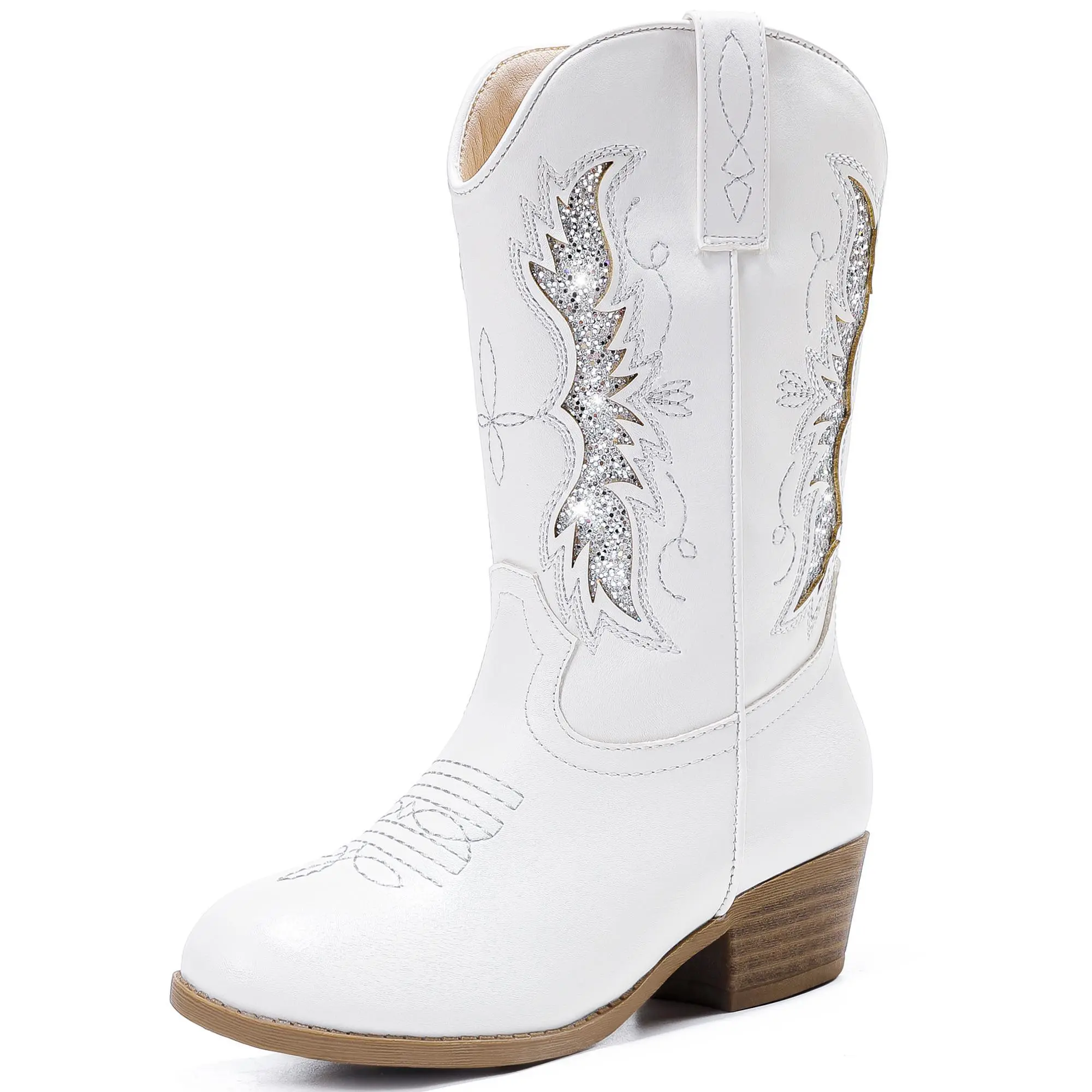Sparkly Glitter Cowgirl Cowboy Boots for Girls Little Kids Mid Calf Zipper Pointed Toes Low Heel Western Embroidery Party Birthday Toddler to Big Kid