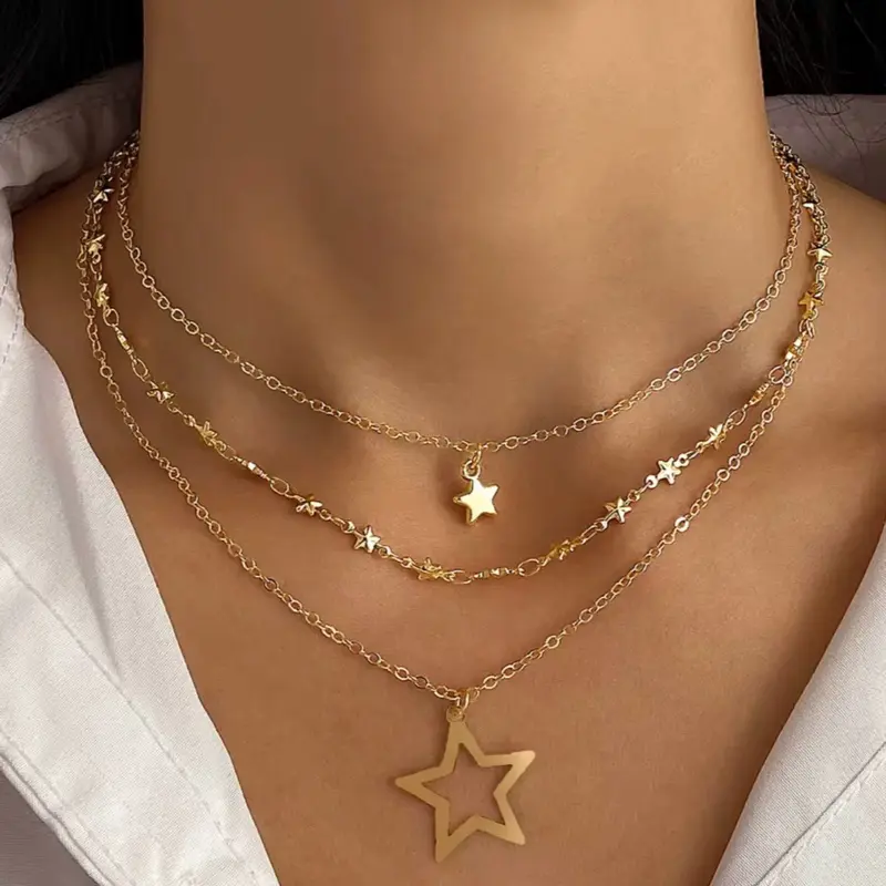 Elegant 3-Piece Gold Star Layered Necklace Set – Celestial Star Pendant & Dainty Star Chain Choker for Women