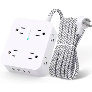 SKIKREMIO Power Strip 8 Outlets 4 USB (2 USB C) 5Ft Braided Extension Cord Flat Plug Wall Mount Charging Station ETL