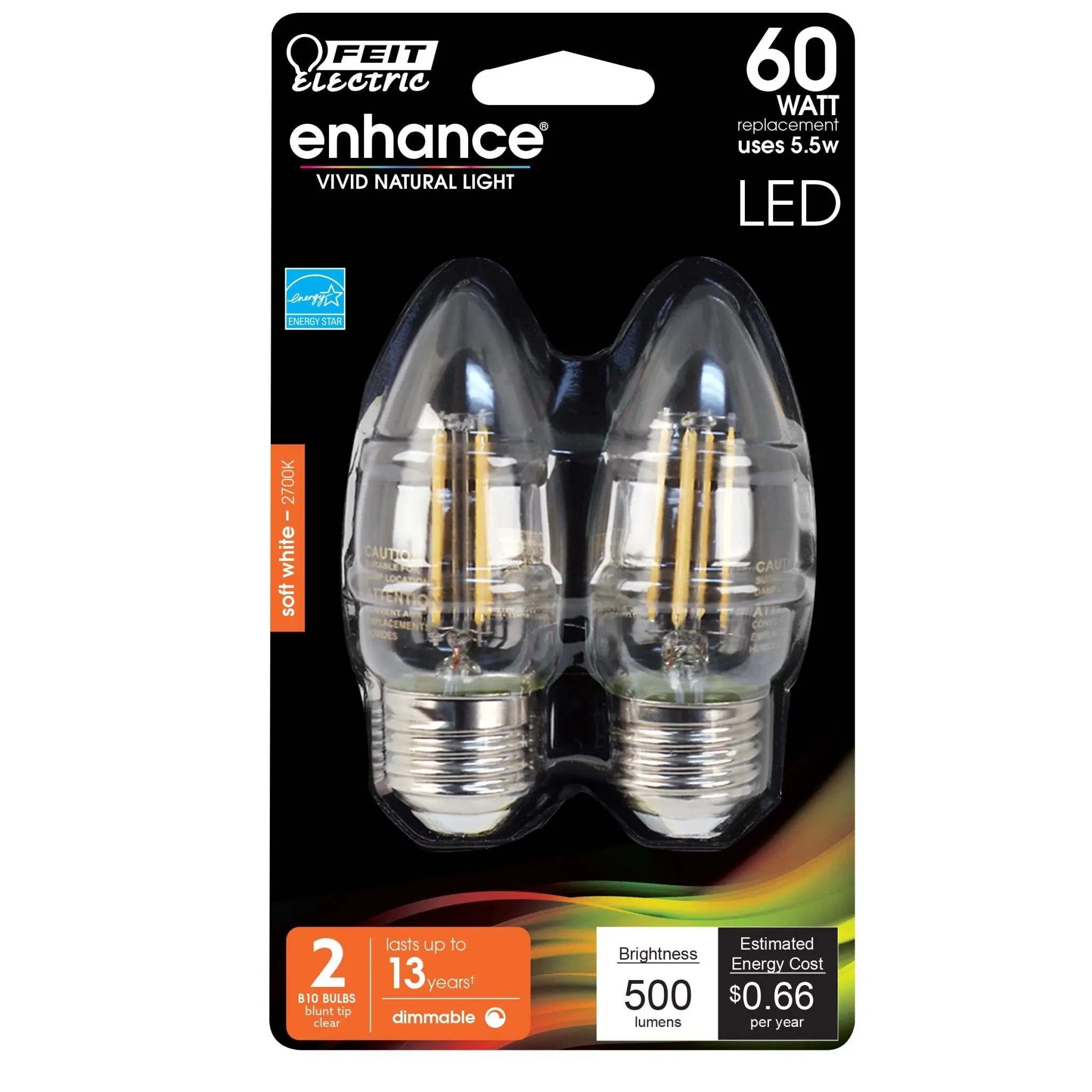 Feit Electric 60 Watt Replacement Soft White 2700K E26 Clear B10 Dimmable LED Light Bulb 2 Pack