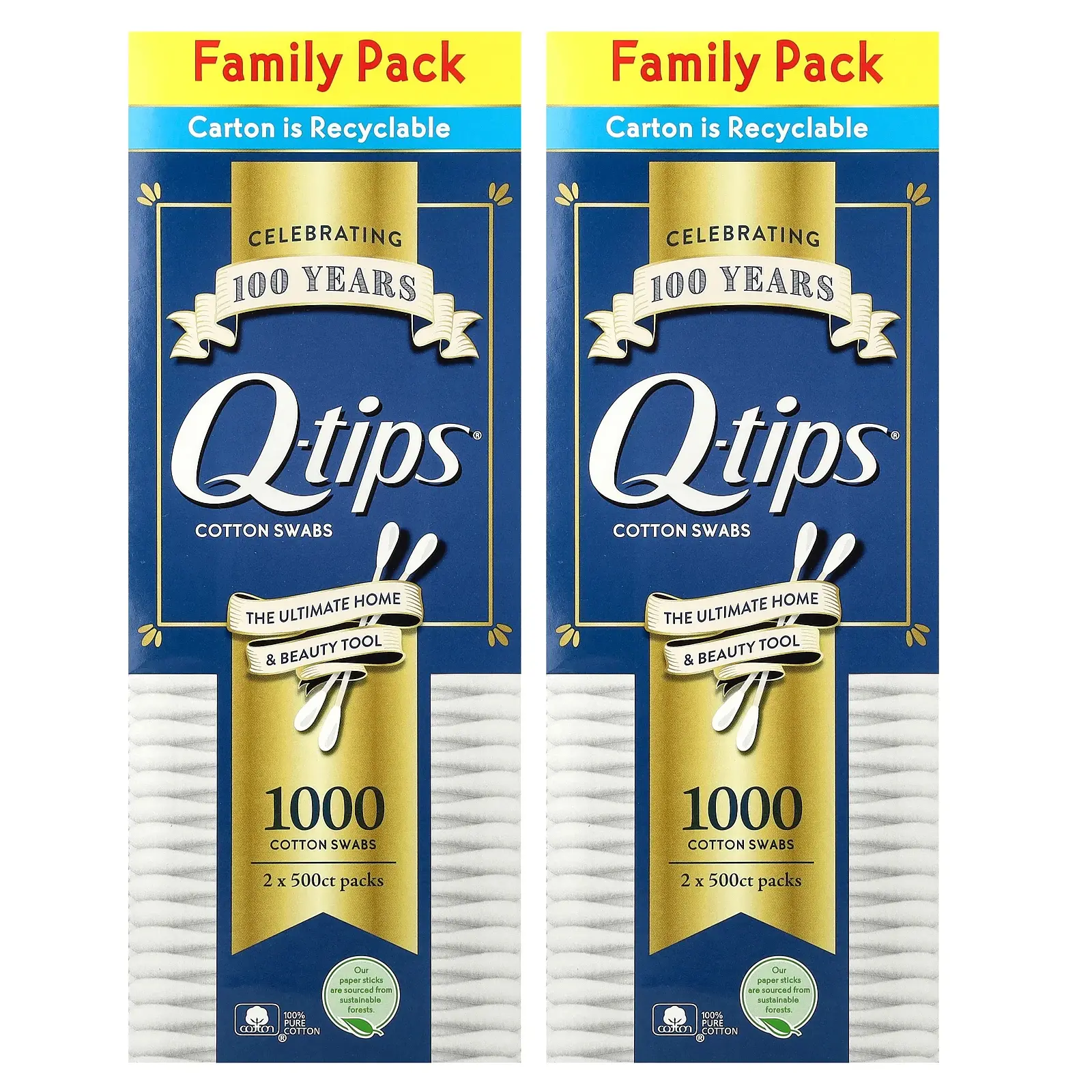 Q-tips Cotton Swabs, Family Pack, 2 Pack, 500 Swabs Each