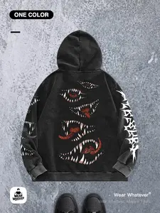 Monster Mouth Design Pullover Hoodie, Cotton Blend, Vintage Washed Style, Loose Fit, Unisex, Casual Wear, Breathable, Outdoor Sports