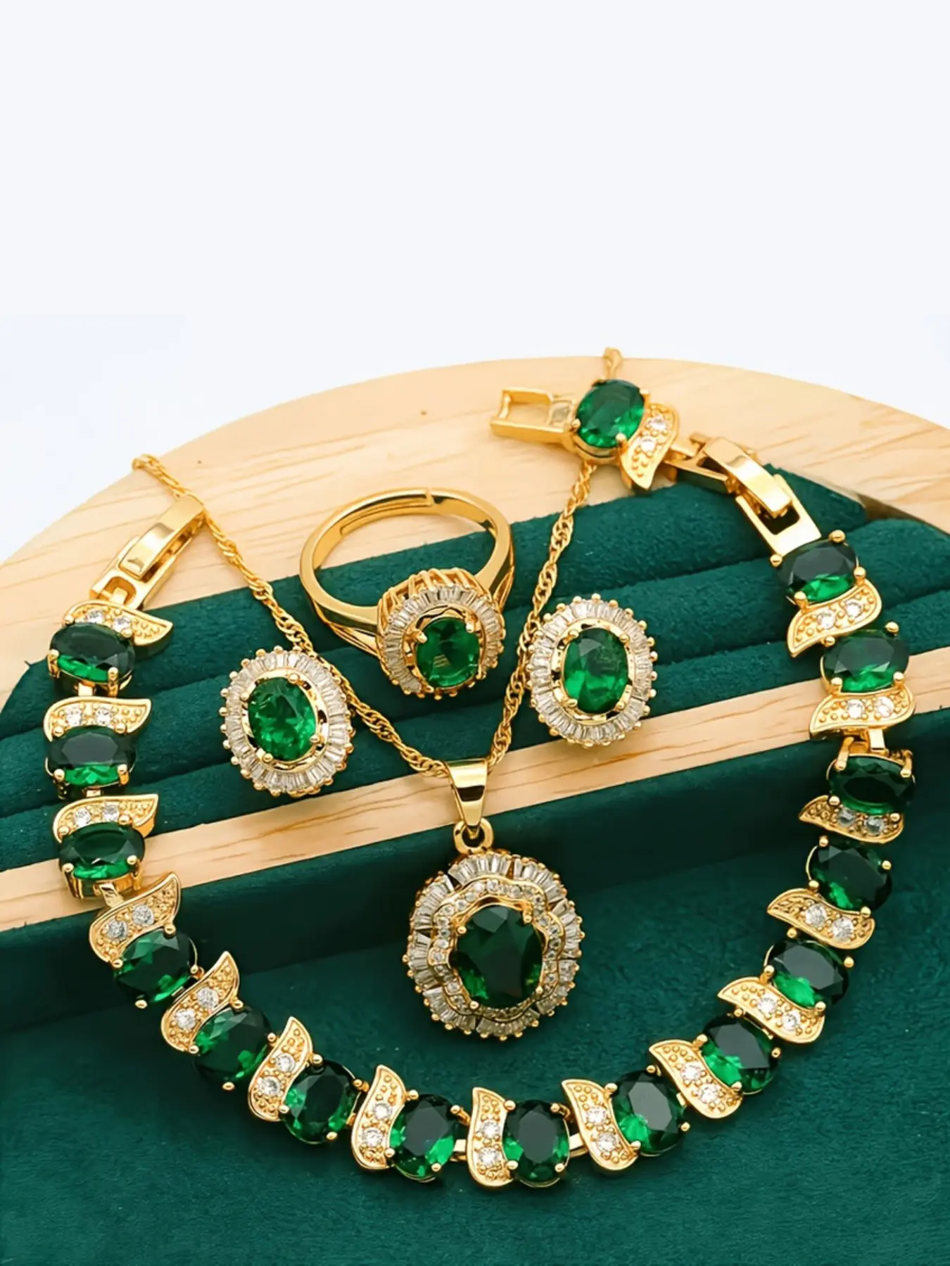 5Pcs Women's Jewelry Set, 18K Gold Tone Plated, Simulated Emerald Green Cubic Zirconia & Clear CZ, Necklace, Earrings, Ring & Bracelet, Elegant Bridal & Party Accessories