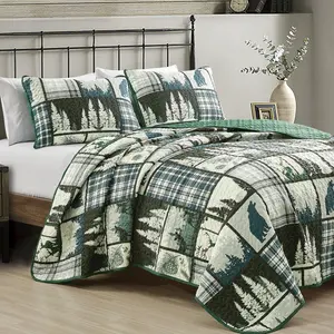 Cozy Cabin Bear Quilt Set | 3-Pc Rustic Farmhouse Bedding Bear & Wilderness Themed Quilt Lightweight Warm Animal Print Comforter