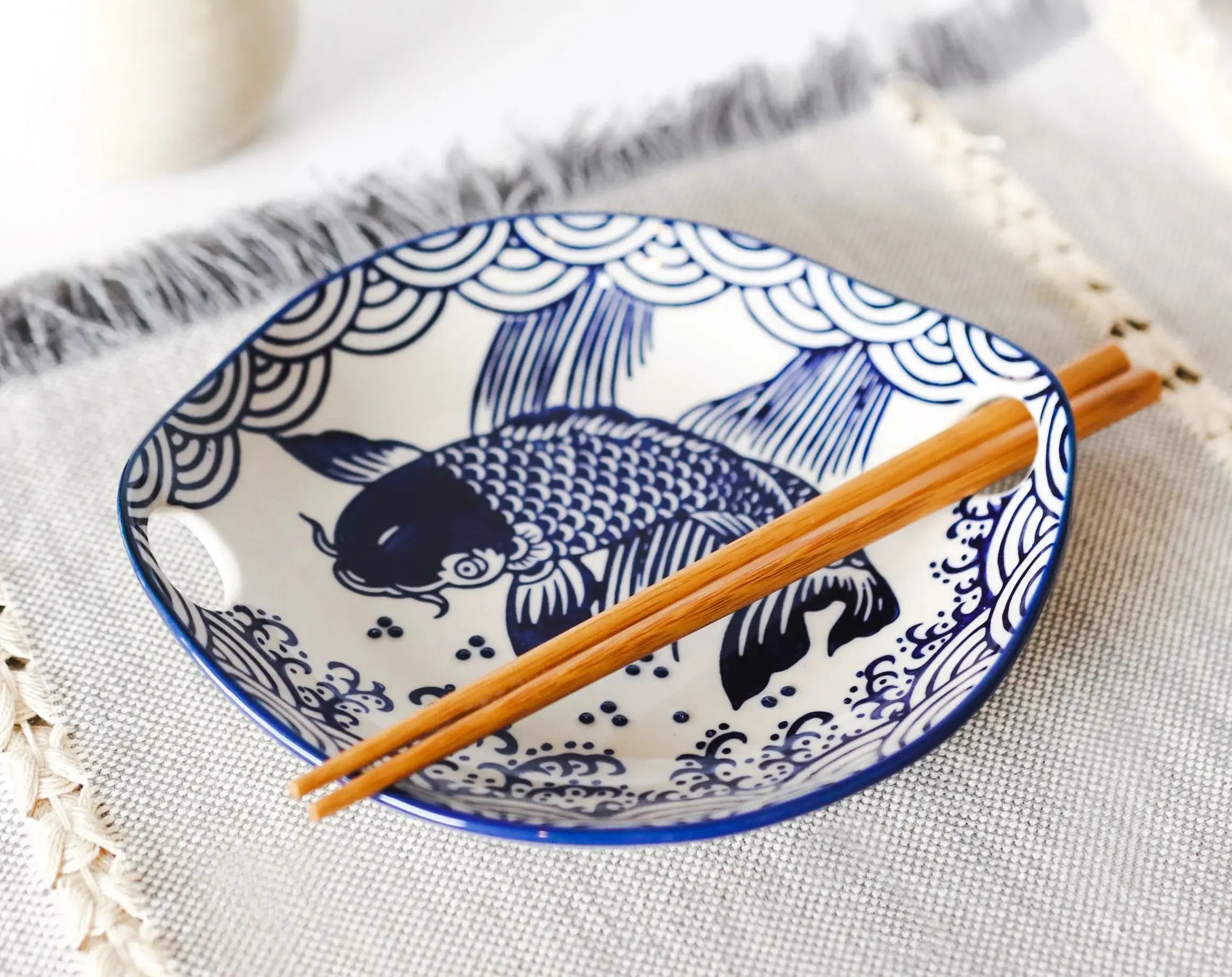 Colorful Ceramic Pottery Tableware Set - Blue White Koi Fish Small Appetizer Coupe Plate, Flat Bowl with Bamboo Chopsticks