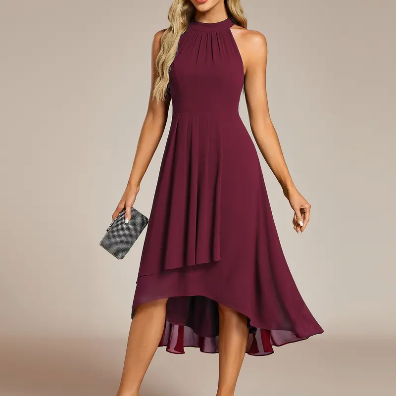 Ever-Pretty 2026 Minimalist Women's Halter Neck Sleeveless Chiffon A-Line Midi Wedding Guest Dress 31926 (Fall) - Bridesmaid Option, Chic Casual Dresses for Women