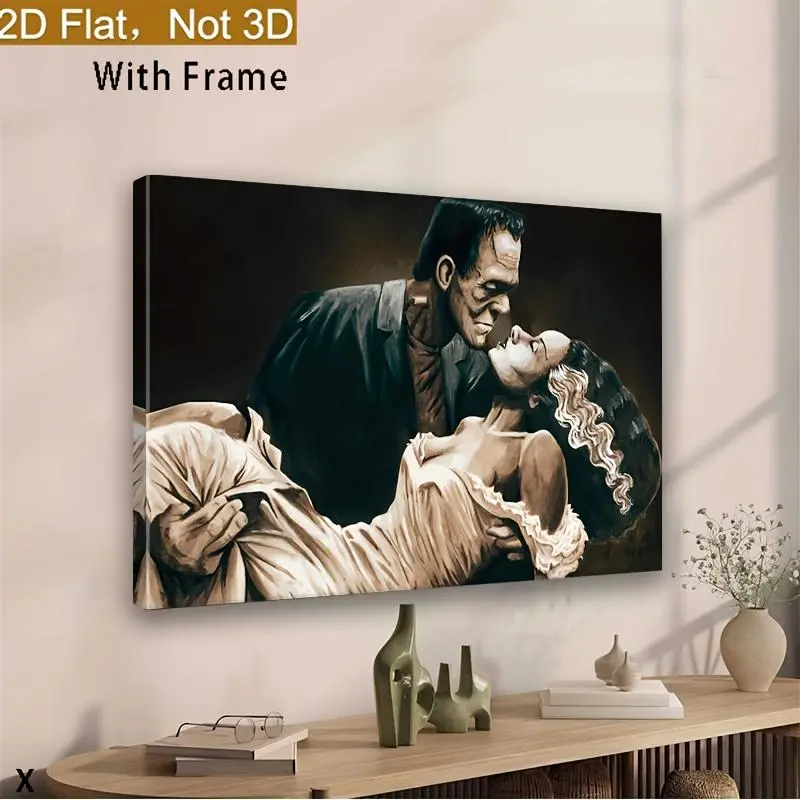 2D Flat Wooden Framed Canvas Painting - Frankenstein and His Bride Halloween Decor, Dark Academy Gothic Character Art, Artistic Neutral Color Board, Mountable Wrapped Frame-Style Wall Art for Living Room, Office, Horror Theme Decor, Wall Decor