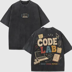 Code Lab Build Debug Repeat Coder Washed Distressed T-Shirt, Code Bracket Laptop Tiny Front Print Back Notebook Robot Syntax Symbol Retro Graffiti Oversized Tee, Computer Science Major Coding Club Casual Cott