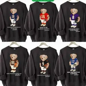 Cute Teddy Bear Football All Team Graphic Black Sweatshirt Pullover Vintage Sport Varsity Crwneck Unisex Oversized Fall Winter Sweater Cozy Game Day Outfit Streetwear Fans Gift X9