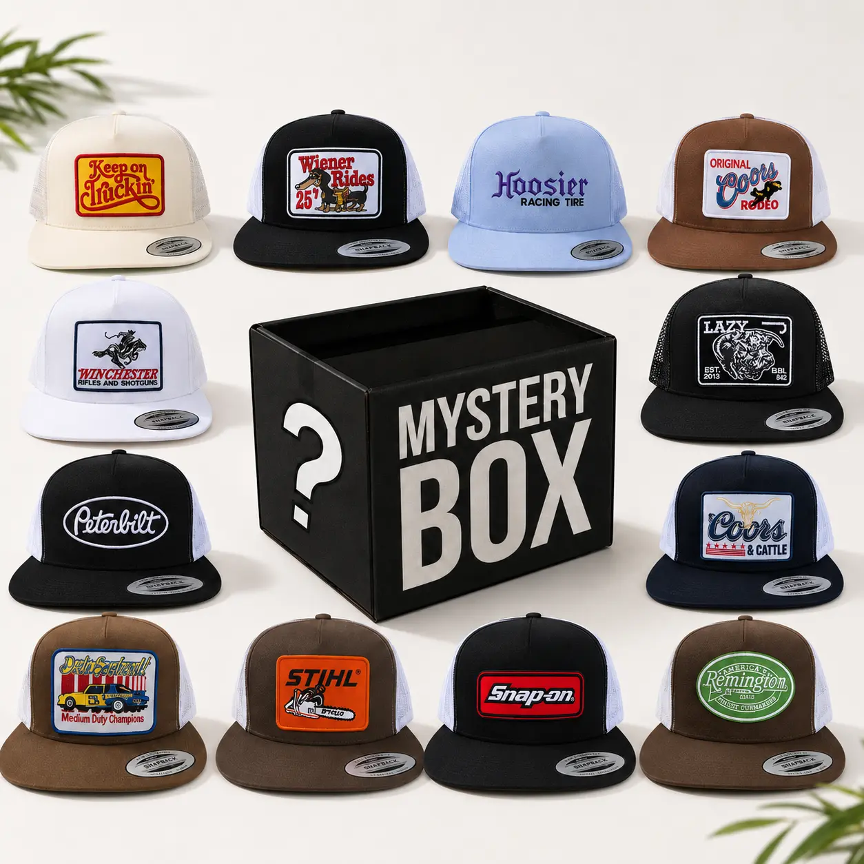 [BEST 2026] Mystery Hat Box Random Keep On Truckin' Wiener Rides 25 cent Hoosier Coors Winchesters Peterbilt Dale Earhardt Snap on Vintage Snapback Trucker Cap Mesh Back Five Panel Hat flatbill 7 Panel camo hat, snapback, ball cap , Mutil Color
