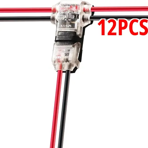 12 Pcs Pack 3-Way Wire Connectors, T-Type 2-Pin Solderless No-Stripping Low Voltage Connectors with Copper Blade Design & Latch Closure, Durable Housing for LED Strip Wires, Automotive Fits 24-20 AWG