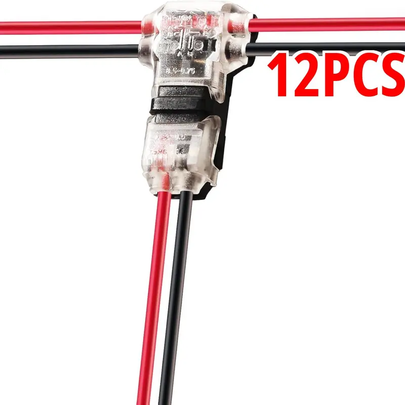 12 Pcs Pack 3-Way Wire Connectors, T-Type 2-Pin Solderless No-Stripping Low Voltage Connectors with Copper Blade Design & Latch Closure, Durable Housing for LED Strip Wires, Automotive Fits 24-20 AWG