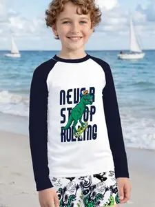 Children Dinosaur Theme Swimwear Set, Boys Long Sleeve Sun Protection Swimsuit with Printed Shorts, Casual Loose Fit Swimming Gear