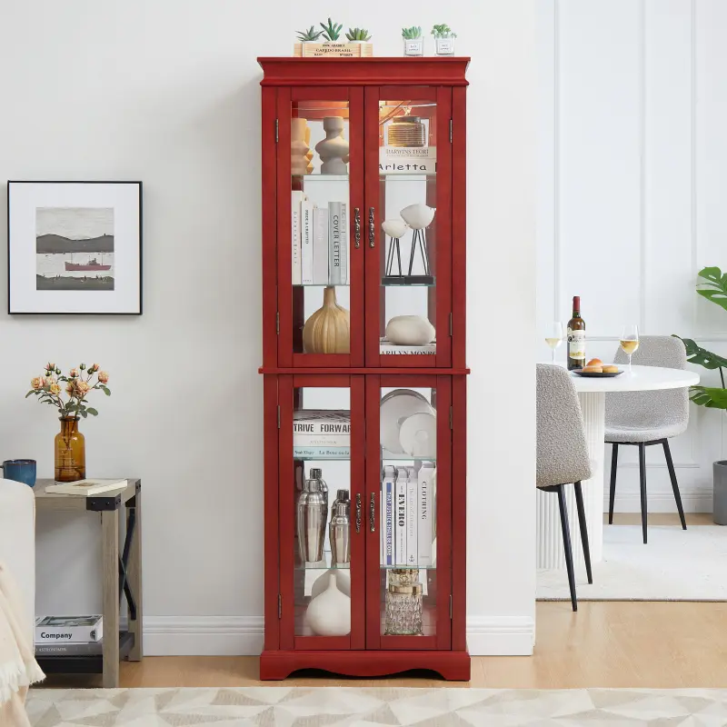 Adjustable Illuminated Wood Frame Glass Curio Display Cabinet - Chey Finish, Included Bulb, 23.82x11.81x70.08 in, 82.94 Lbs, Assembly Required, Square Top, 6-Tier Layout, Illuminated Decor for Wine/Toys, Ideal for Living Room, 23.82 X 11.81 X 70.08 Inches