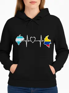 Black Hoodie With Puerto Rico And Colombia Flag Heartbeat Design For Travel And Everyday Wear Personalized Unisex Women Winter Cozy Fleece Hooded Long Sleeve Sweatshirt Made In Usa