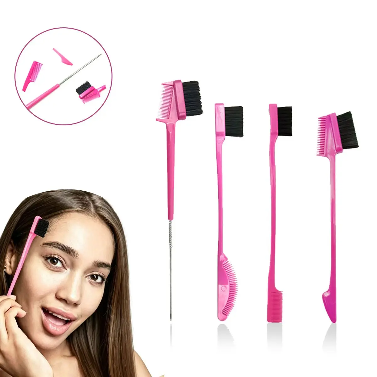 4-Pack Dual-Ended Edge Brush & Eyebrow Grooming Set, Durable Makeup Tools for Smooth Flyaway Styling & Brow Shaping, with Stainless Steel Pin Tail Comb, Abs