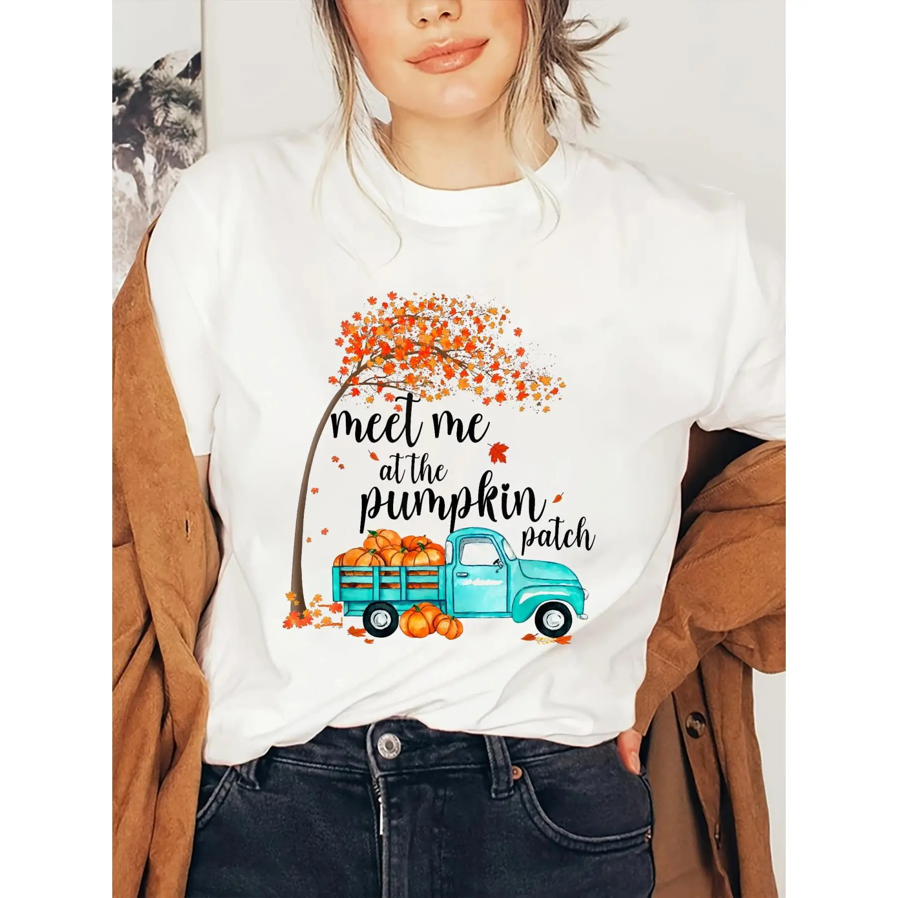 100% Cotton Halloween shirt Meet Me At The Pumpkin Patch Halloween Vintage Truck Fall T-Shirt fall women clothes