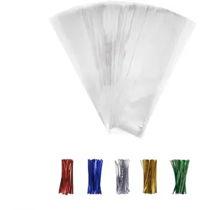 50 count Cellophane Bags, Cello Cellophane  Bags 2x10 Plastic  Bags for Packaging Cookies, Pretzel Rod, Sandwich, Candy, , Clear Party Favor Bags with Ties