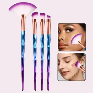 4-Piece Blue/ Gradient Makeup Brush Set, Includes Highlighter Fan Brush, Eyebrow Brush & Multi-Function Brush, Nylon Bristles, All Skin Types