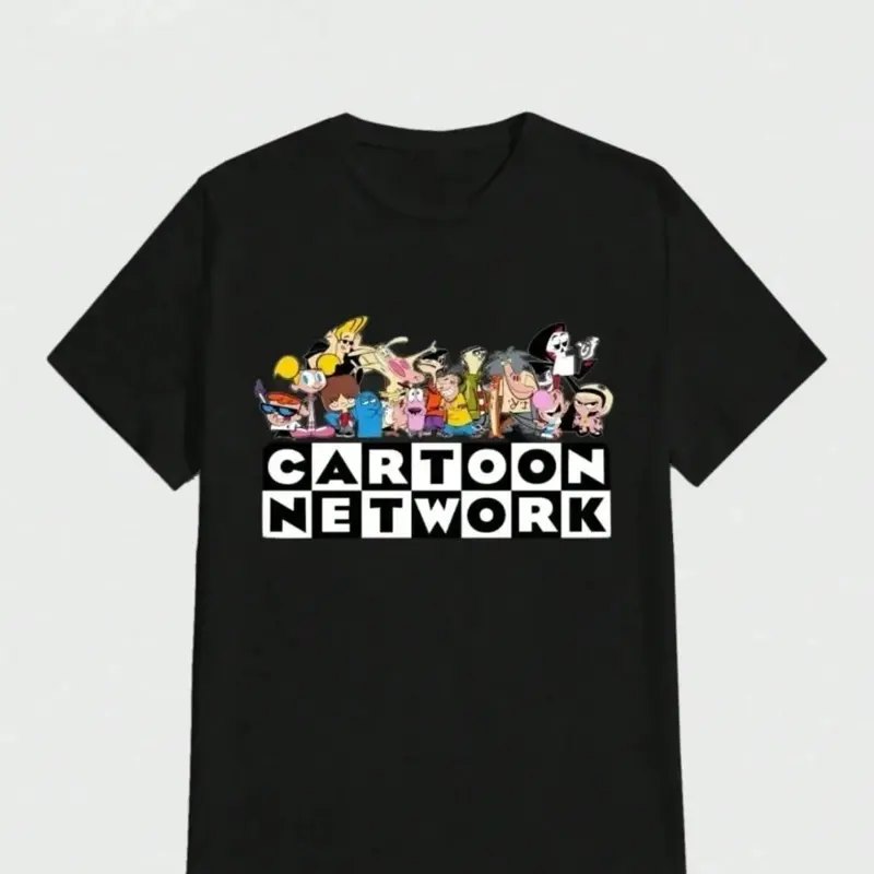 Cartoon Network Oversize Trendy Animation Style T-Shirt with Character Pattern Shows Childlike Fun Black Tee