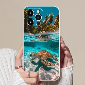 Straight Edge Phone Case Compatible with iPhone 16 15 Pro Max Plus 14 13 12 11 X XR Beachside Turtle Pattern Rugged Durable Shockproof Anti-Scratch Soft Silicone Case