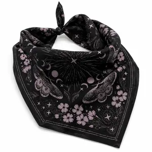 Mystical Moth Bandana – Triple Moon Goddess Scarf, Phlox Floral Head Scarf, Witchy Aesthetic Hair Wrap, Nature Inspired