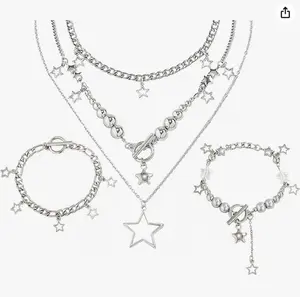 3PCS Silver Star Necklace Jewelry Set Necklace Cute Necklaces Aesthetic Vintage