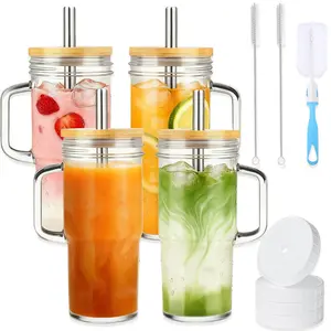 4 Pack Clear Glass Drinking Cups With Bamboo Lids Plastic Lids Stainless Steel Straws Cleaning Brushes 930ml Large Capacity Iced Coffee Water Beverage Smoothie Milk Tea Mugs