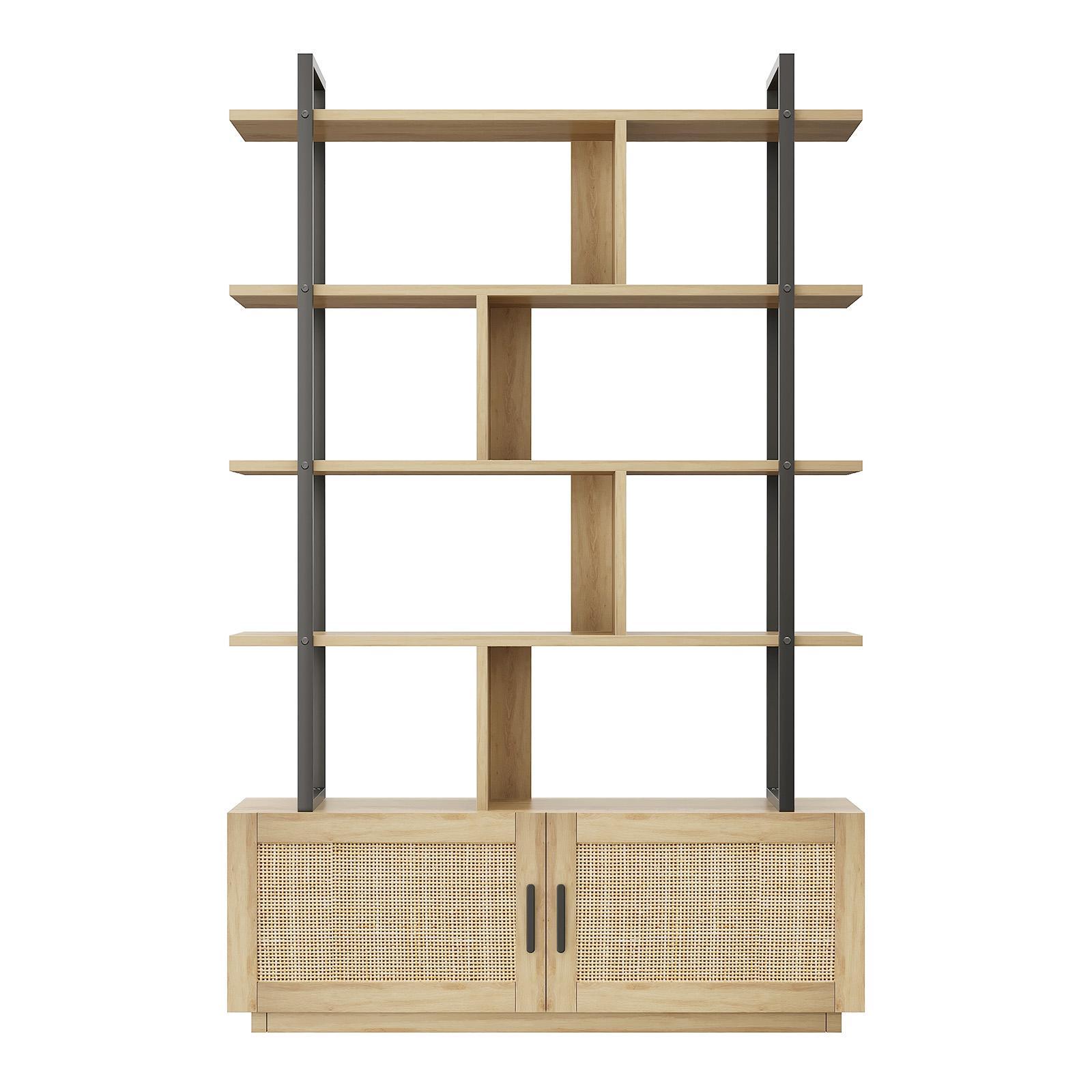 71.1" Tall 5-Tier Rattan Bookshelf with Cabinet Doors, Large Farmhouse Wooden Bookcase with 7 Open Shelves, Modern Storage Organizer for Living Room & Home 71.1" Tall 5-Tier Rattan Bookshelf with Cabinet Doors, Large Farmhouse Wooden Bookcase with 7 Open Shelves, Modern Storage Organizer for Living Room & Home