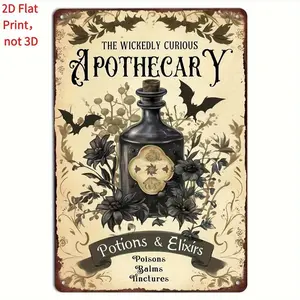 Vintage Apothecary Aluminum Wall Art Decor - Gothic Pharmacy Poster with Poison Bottle Artwork - Halloween Home Cafe Bar Decor - Flat Printed Aluminum Plate Sign in Beige Brown Black
