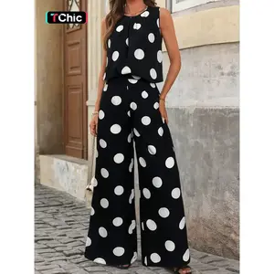 Summer Casual Polka Dot Print Round Neck Ruched Sleeveless Top, Wide Leg Pants Two Piece Set Outfit, Women's Fashion