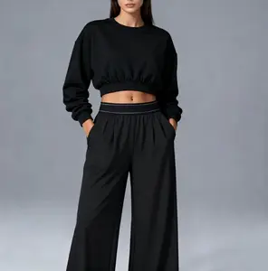 JH 2025 Women's Fall Winter Trend 2-Piece Set - Cropped Terry Cloth Long Sleeve Sweatshirt & Black Quick-Dry Trousers. Soft Stretch, Breathable for Office Commute, Daily Wear & Casual Outings.