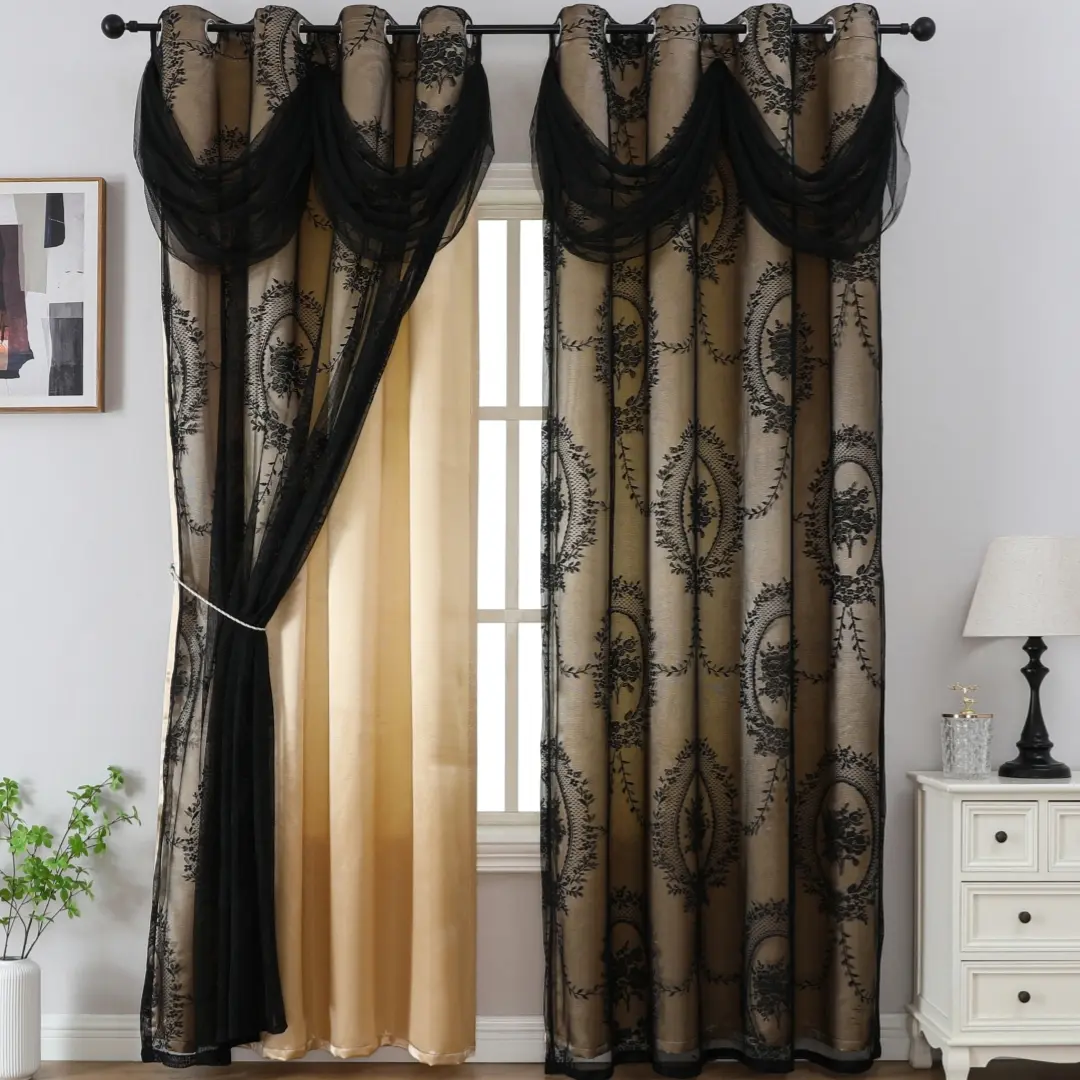 Luxury Double Layer Embroidered Blackout Curtain with Valance, Floral Lace Privacy Drapes, Home Party Room Light Blocking Decorative Curtains, Window Curtain