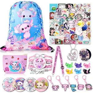 Toy Gifts Ajolote Stuff Accessories: Drawstring Bag, Mini Figurines, Necklace, Bracelet, Coin Purse, Button Pin, Phone Holder, Lanyard, Keychain, Stickers for Axolotls Birthday Decorations