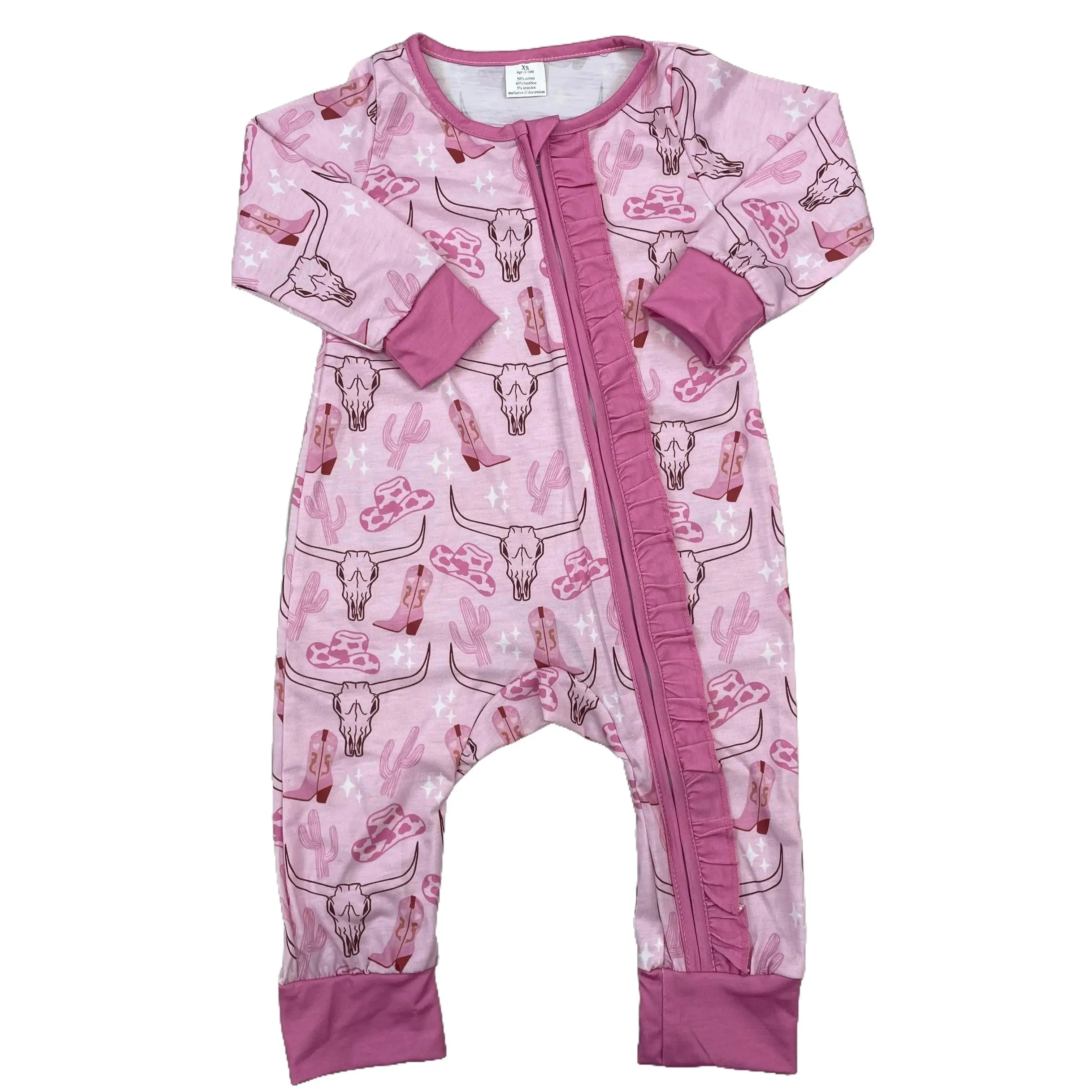 Baby Girl's Western Theme Drop Shoulder Romper - Cow & Chain Print Long Sleeve Ruffle Onesie with Zipper, Cotton Blend Newborn Outfits for 0-3 Months/0-3m, Infant Toddler Bodysuit