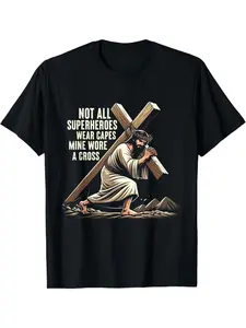 Jesus Christ Not All Superheroes Wear Capes Mine Wore A Cross T-Shirt - Christian Faith Graphic Tee for Men and Women - Religious Inspirational Short Sleeve Cotton Top
