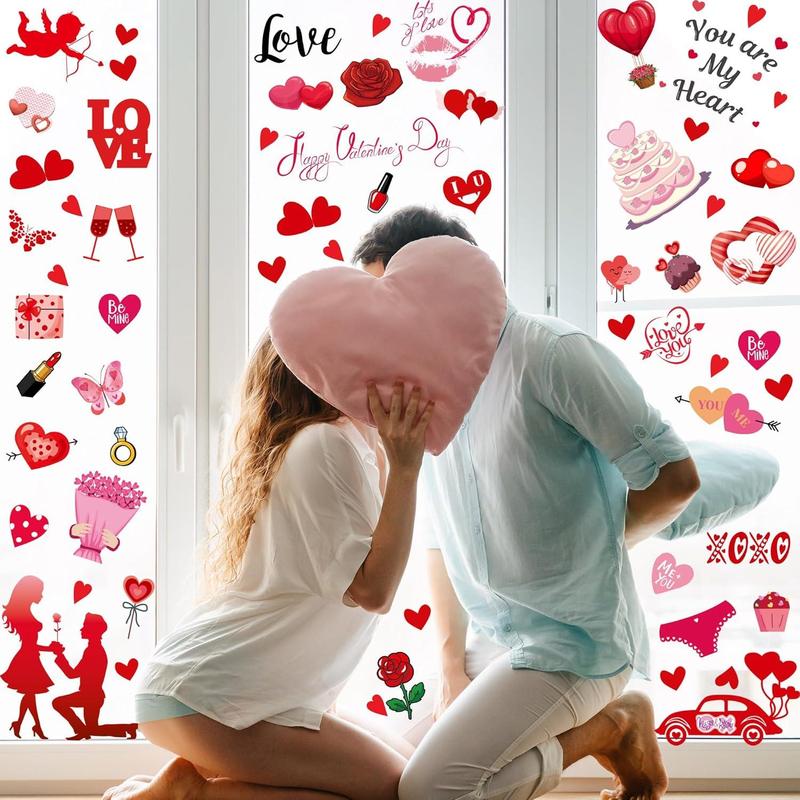 i-Beeboo Valentines Day Decor Window Clings 10 Sheets for Glass Windows Double-Sided Heart Decals with Red Love Flowers & Gifts Easy to Apply No Adhesive Needed