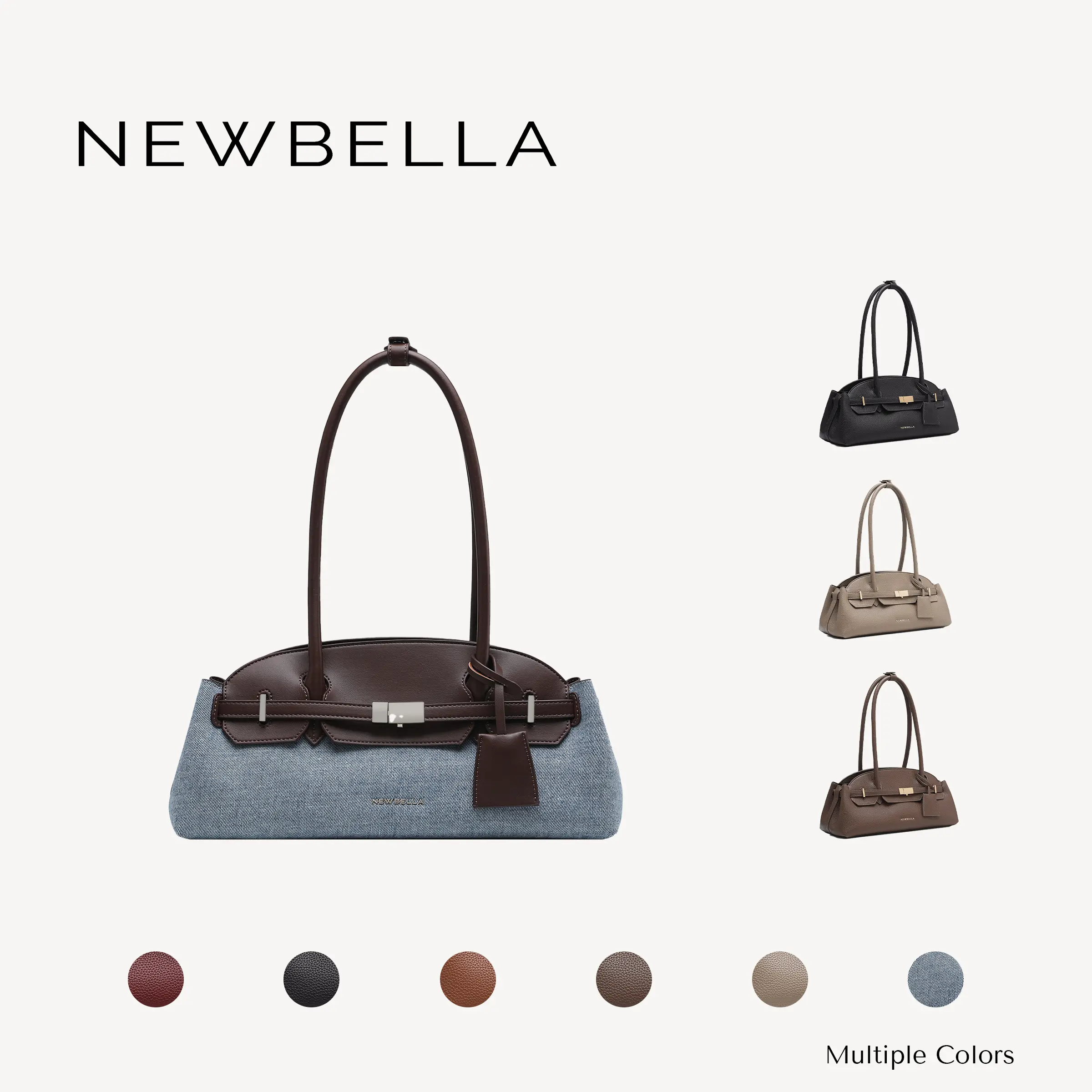 NEWBELLA Mila Baguette Underarm Bag,Y2K Retro Lock Denim Spliced PU Leather Shoulder Purse, Aesthetic Vintage Handbag
