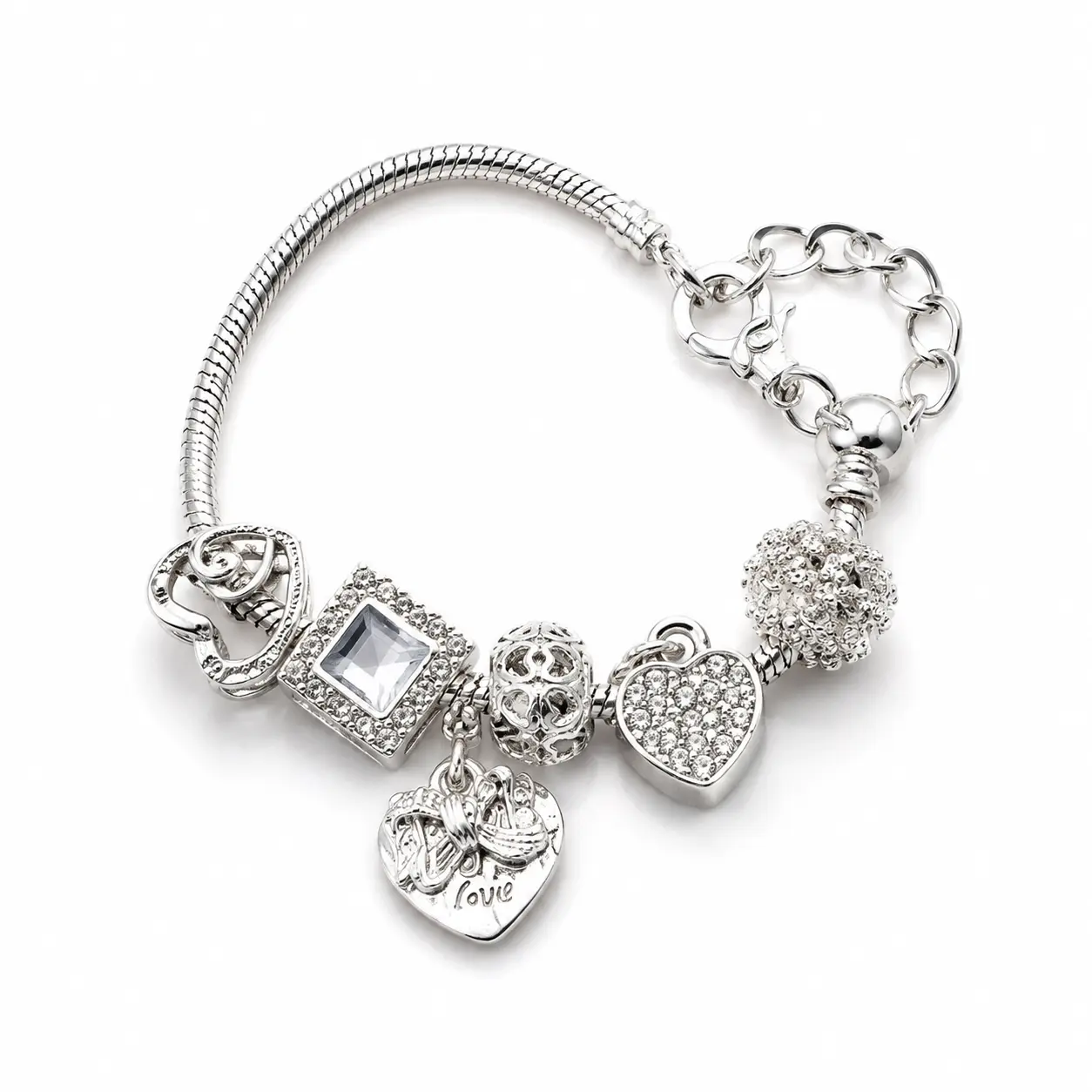 Vintage Silver Charm Bracelet | Retro Crystal Heart Pendant Jewelry | Cute Gift for Women & Girls