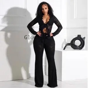 &2025 New Women Two Piece Outfit Sexy Lace Top and Flared Pants Club Outfit Women Outing Long Sleeve Casual
